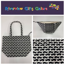 Large Tote Bag With Zip - Black Cats on White